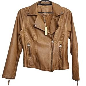 Max Studio Faux Leather Moto Jacket Size XL Brown Cognac New